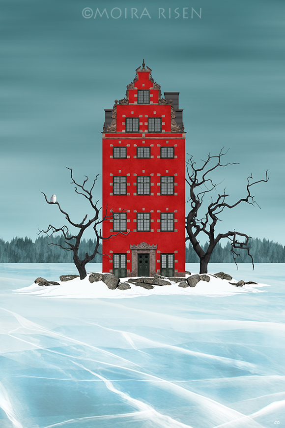 Piros ház, fehér bagoly - Red House, White Owl Moira Risen  kortárs grafika Építészet, városkép, Tájkép